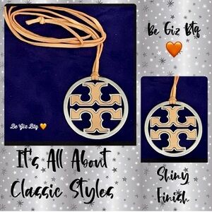 🆕 Authentic Tory Burch Silver & Coral Leather Logo With Coral Leather Necklace